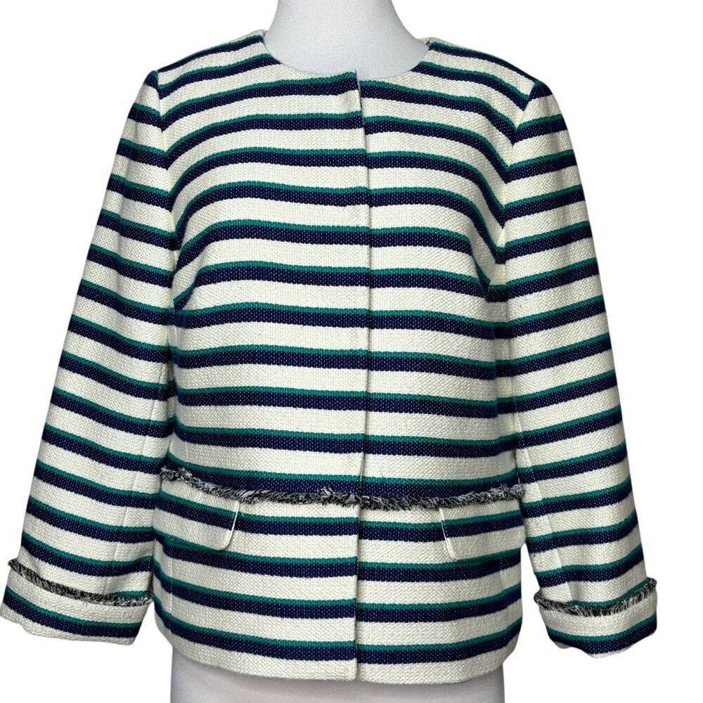 Talbots Tweed Jacket Striped Blue White Fringe Size 12 Petite